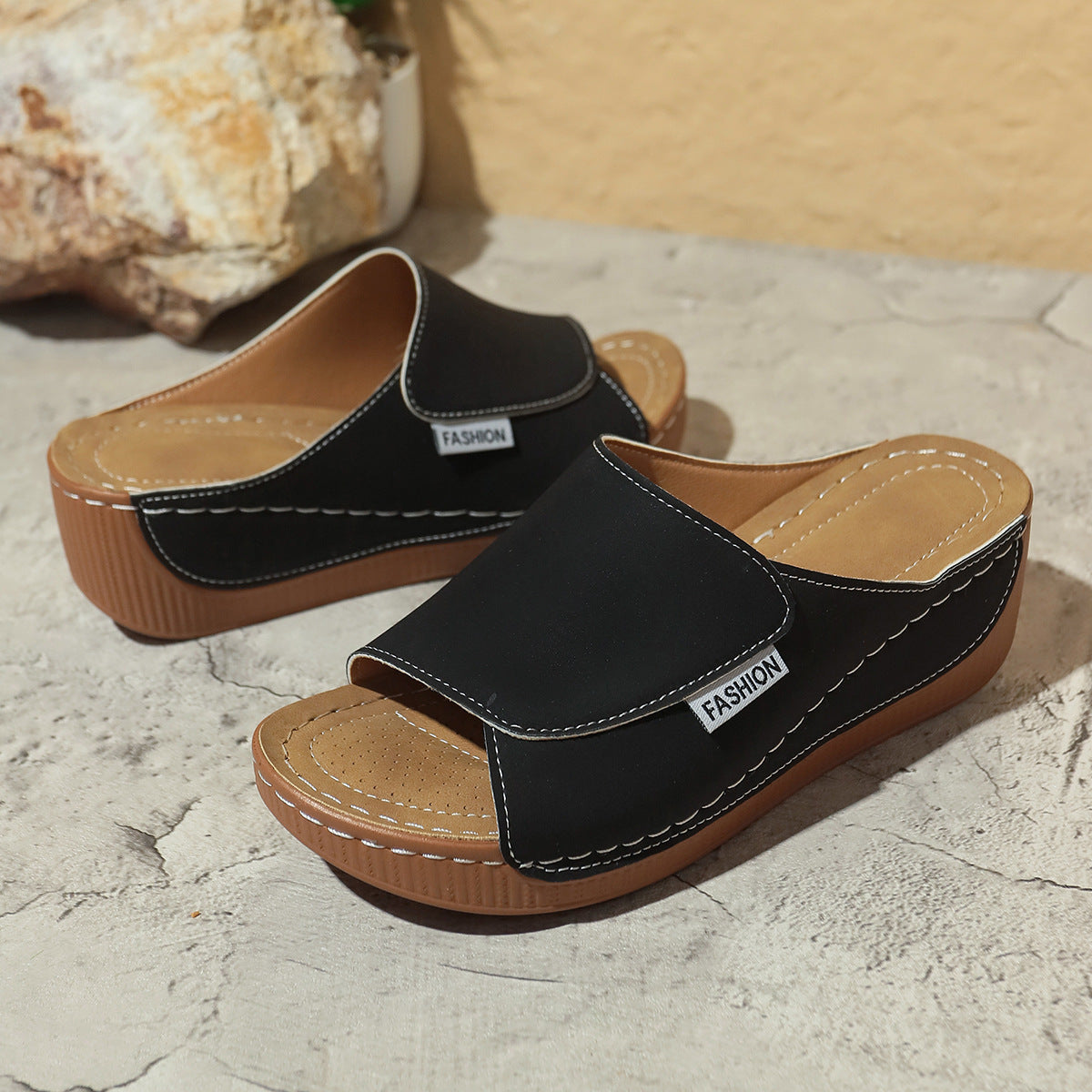 Summer Wedge Slides Slippers Fashion Fish Mouth Thick Bottom Roman Shoes Solid Color Beach Sandals For Women Limorista