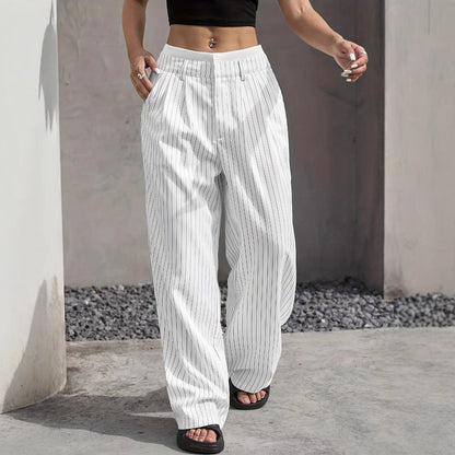 Stripe Printed Trousers Fashion High Waist Straight Leg Pants With Pocket Zipper Casual Suit Pants For Women Limorista