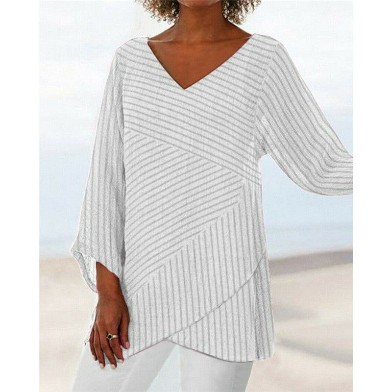 Limorista - V-neck solid color cross stripes women&