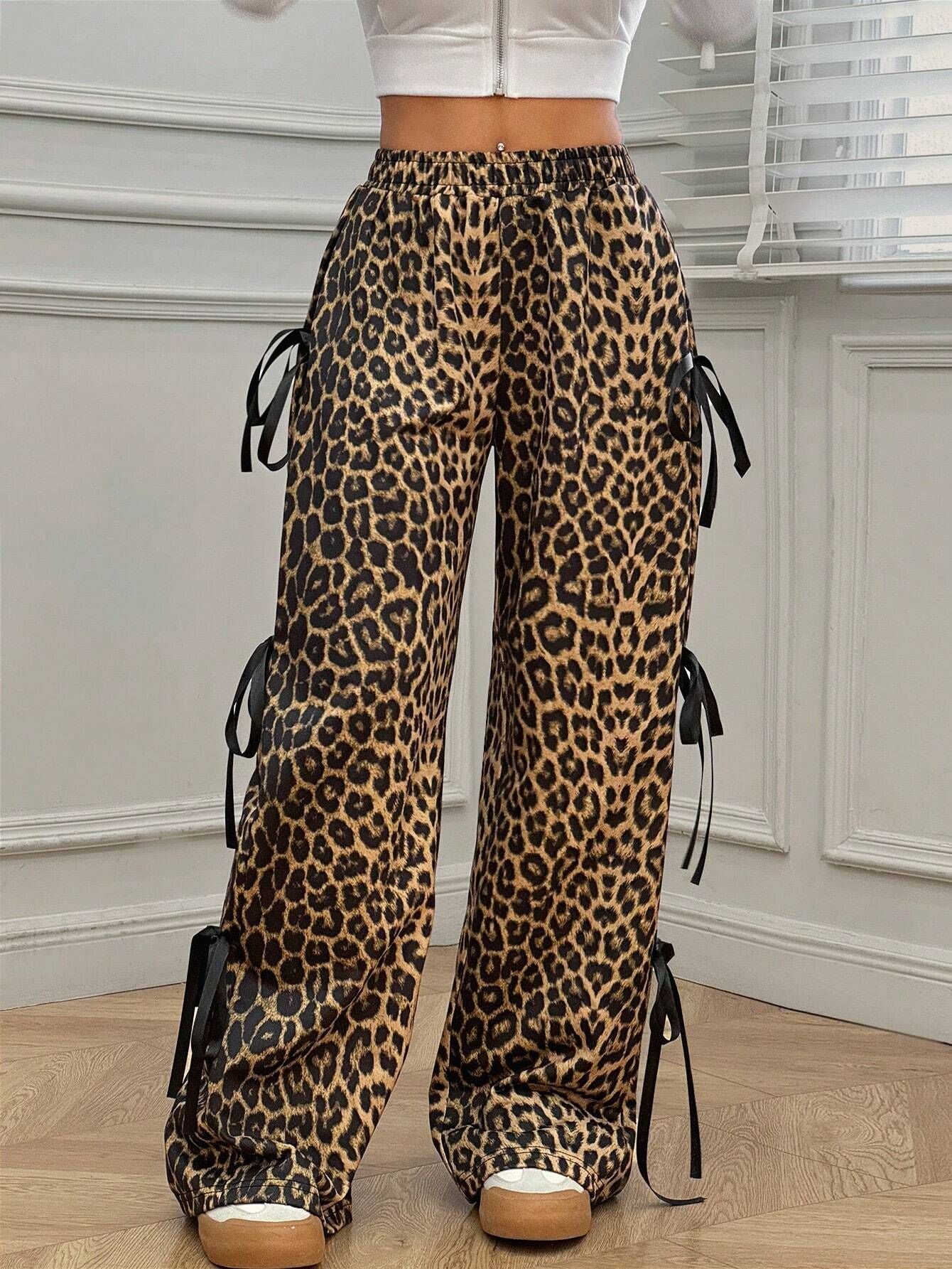 Elastic Waist Solid Color Bow Lace Up Casual Straight-leg Pants Limorista