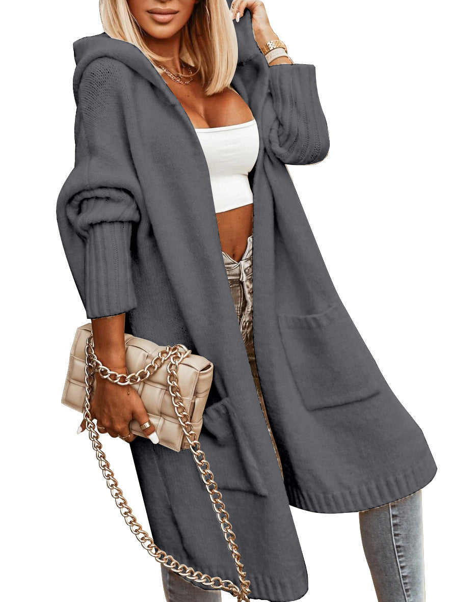 Ladies Hooded Solid Color Mid-length Knitwear Fashion Casual Pocket Long Sleeve Trench Coat Limorista