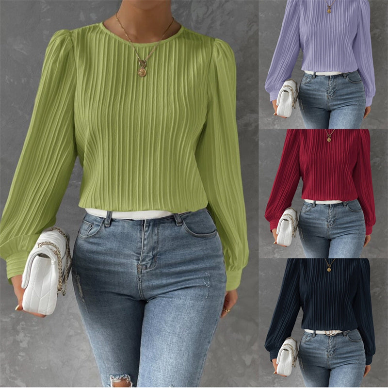 Limorista - Spring Round Neck Lantern Sleeve Long Sleeve Solid Color Loose Blouse