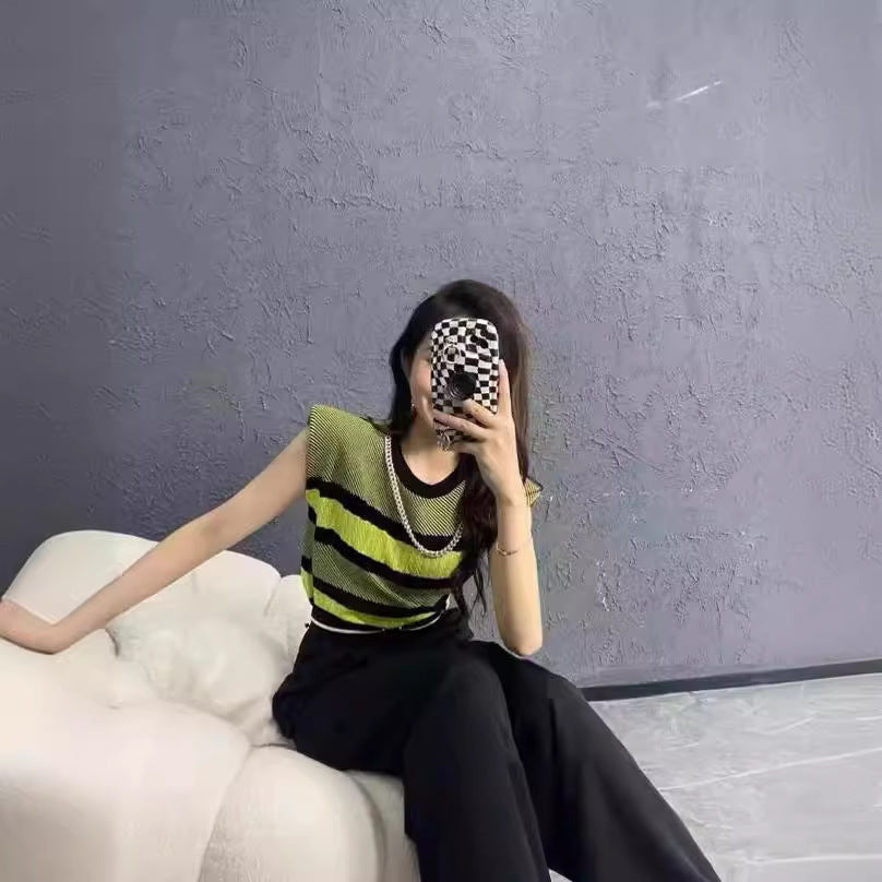 Striped Contrast Color Knitwear Vest Top Limorista