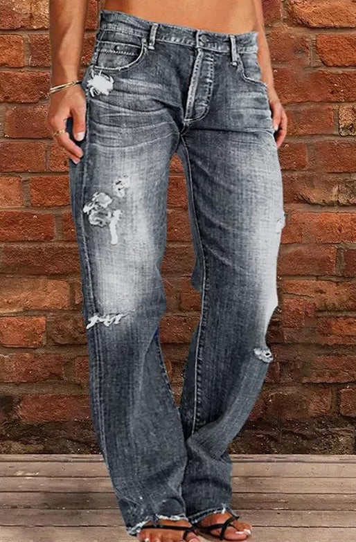 Women Men Denim Pants Casual Ripped Loose Straight Leg Jeans Trousers Limorista