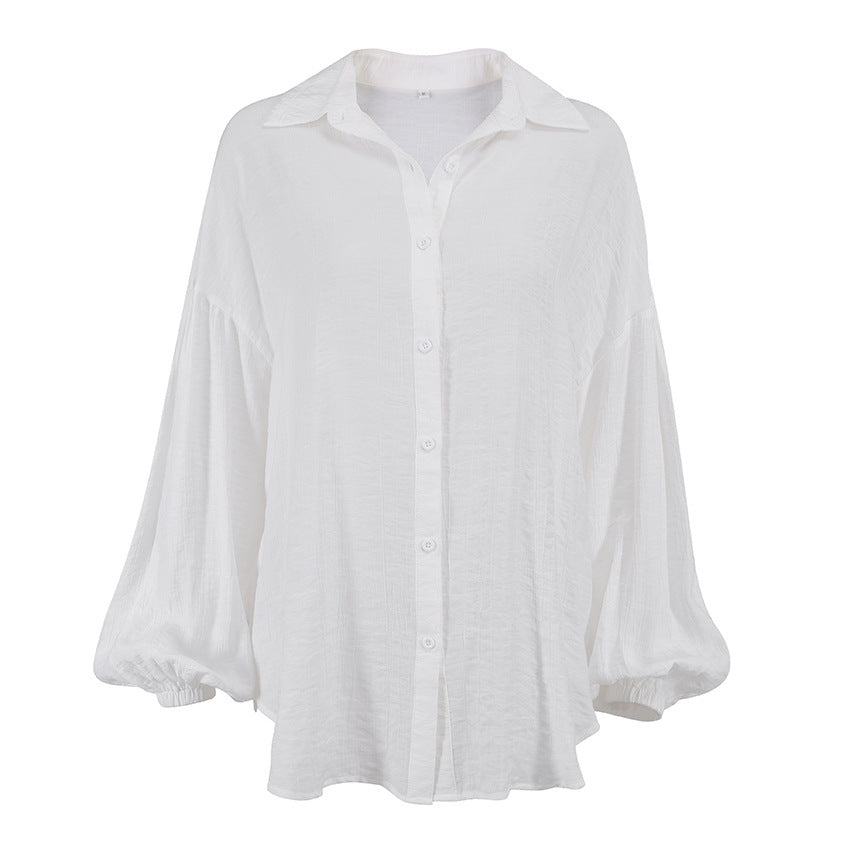 Summer New Lantern Sleeve Transparent Shirt White Coat Casual Women&