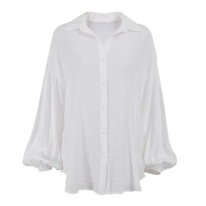 Summer New Lantern Sleeve Transparent Shirt White Coat Casual Women&