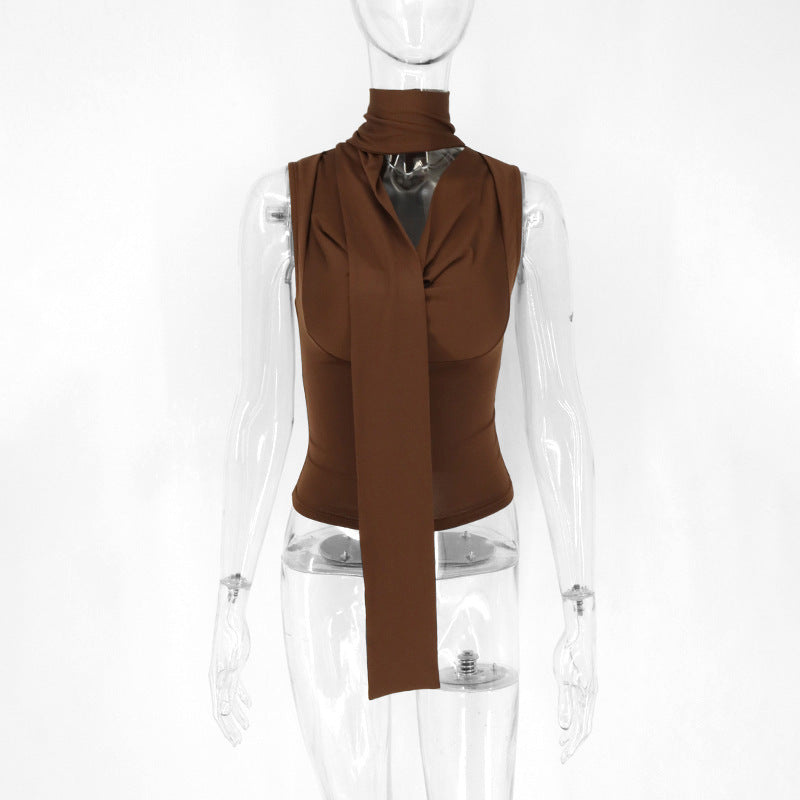 Lace-up Tied Top Outerwear Ribbon Swing Collar Sleeveless Vest For Women Limorista