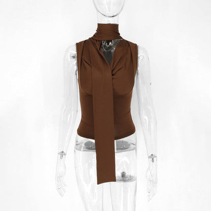 Lace-up Tied Top Outerwear Ribbon Swing Collar Sleeveless Vest For Women Limorista