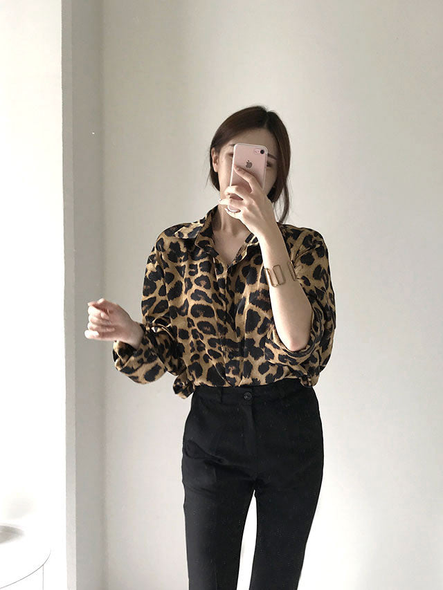 Vintage Leopard Print Loose Long Sleeve Shirt Limorista
