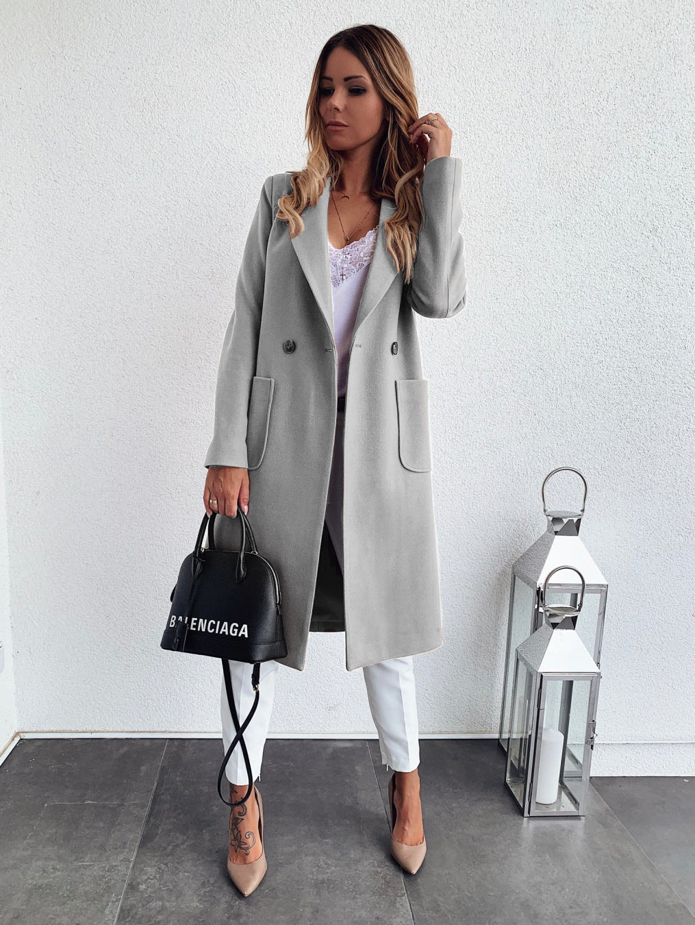 Long candy color lapel woolen coat Limorista
