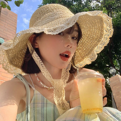 Lace String Color Woven Straw Hat Summer Versatile Outdoor Travel Beach Hat Cute Girl Ins Bucket Hat Limorista