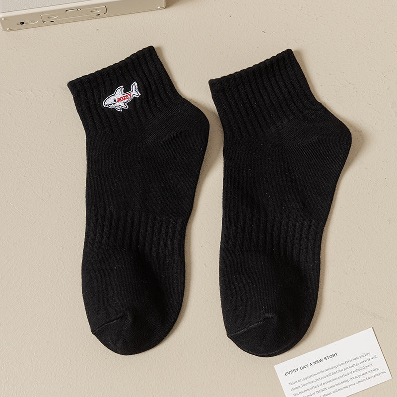 Black And White Embroidered Shark Pure Cotton Sweat Absorbing Athletic Socks Limorista
