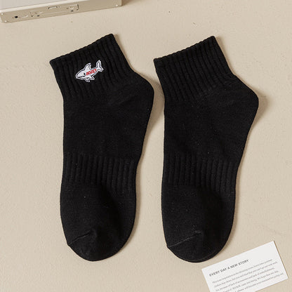 Black And White Embroidered Shark Pure Cotton Sweat Absorbing Athletic Socks Limorista