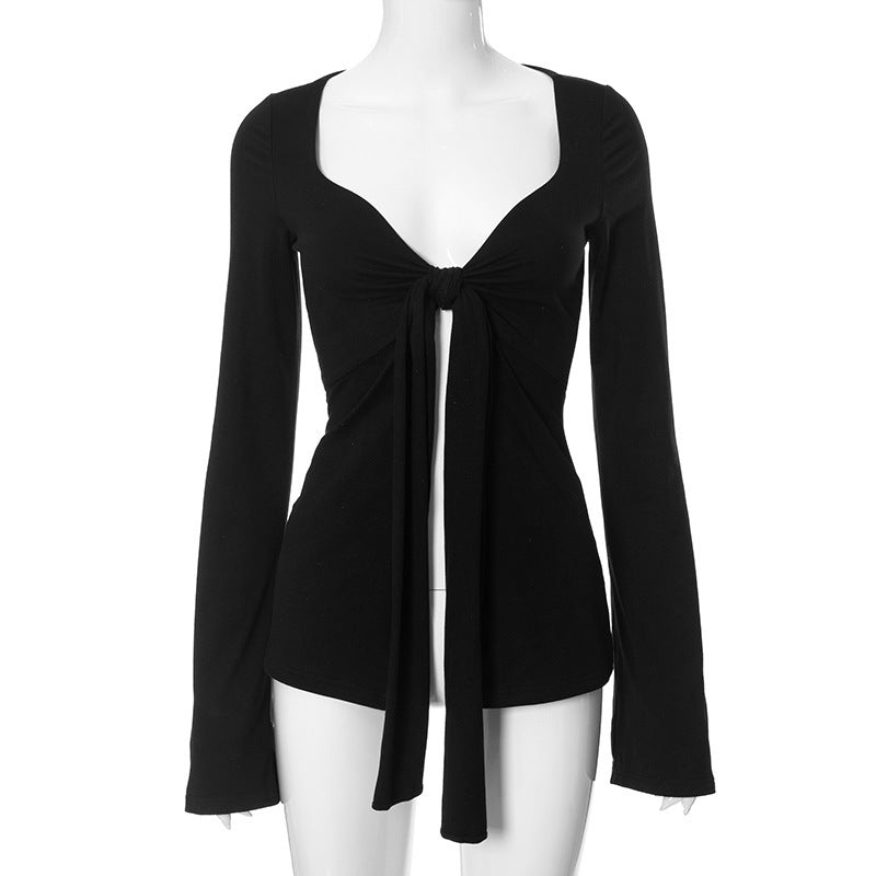 Solid Color Twisted Bell Sleeve Split Midriff-baring Top T-shirt Limorista