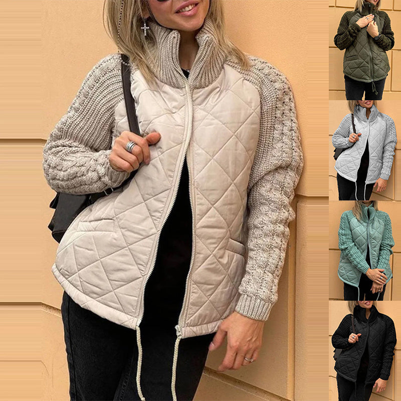 Stand Collar Cotton Jacket With Pockets Fashion Knitted Stitching Zipper Coat Winter Warm Tops For Women Limorista