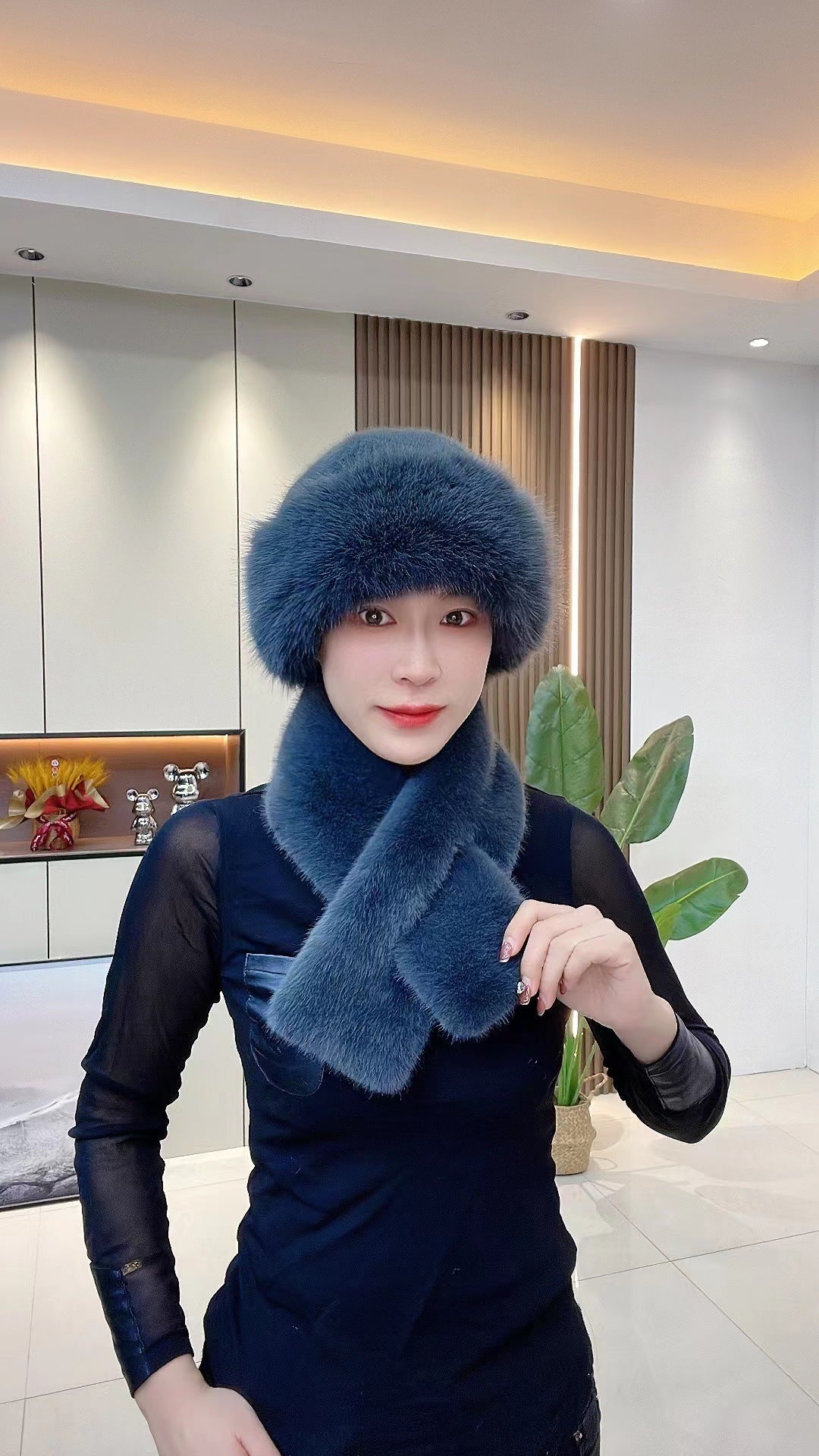 Suit Winter Scarf Mongolian Cap Plush Hat Women&