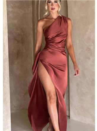 Sexy One-shoulder Backless Slit Dress Summer Elegant Slim-fit Solid Color Satin Dresses For Women Limorista