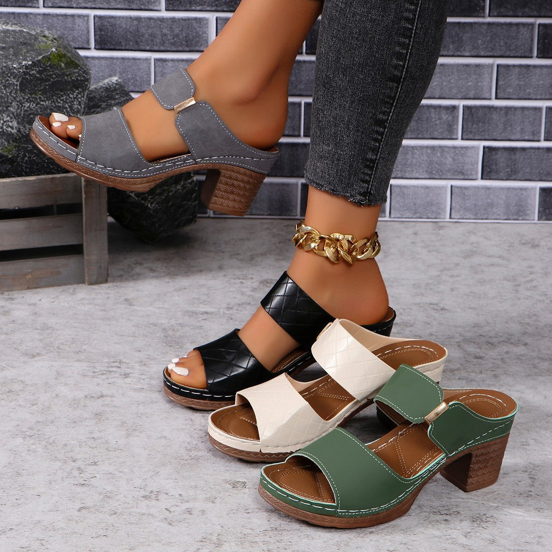 Chunky Heel Sandals Summer Round Toe Plaid Slides Slippers Fashion Outdoor High Heels Shoes For Women Limorista