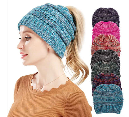 Mixed Color Knitted Wool Hat Ladies Non-labeled Ponytail Hat Limorista