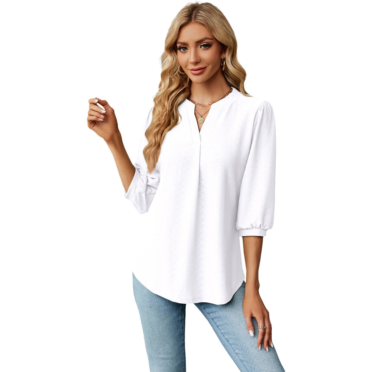 Solid Color Lace Collar Jacquard Long Sleeve Loose-fitting T-shirt Top Limorista