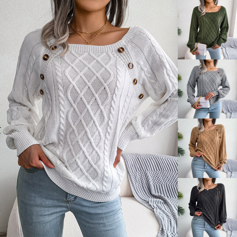 Limorista - Square Neck Knitted Sweater With Button Design Winter Warm Long Sleeve Tops Women&