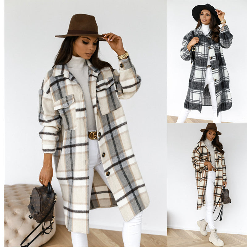 Button Lapel Casual Warm Plaid Long Woolen Coat Limorista