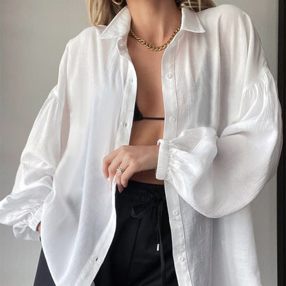 Summer New Lantern Sleeve Transparent Shirt White Coat Casual Women&
