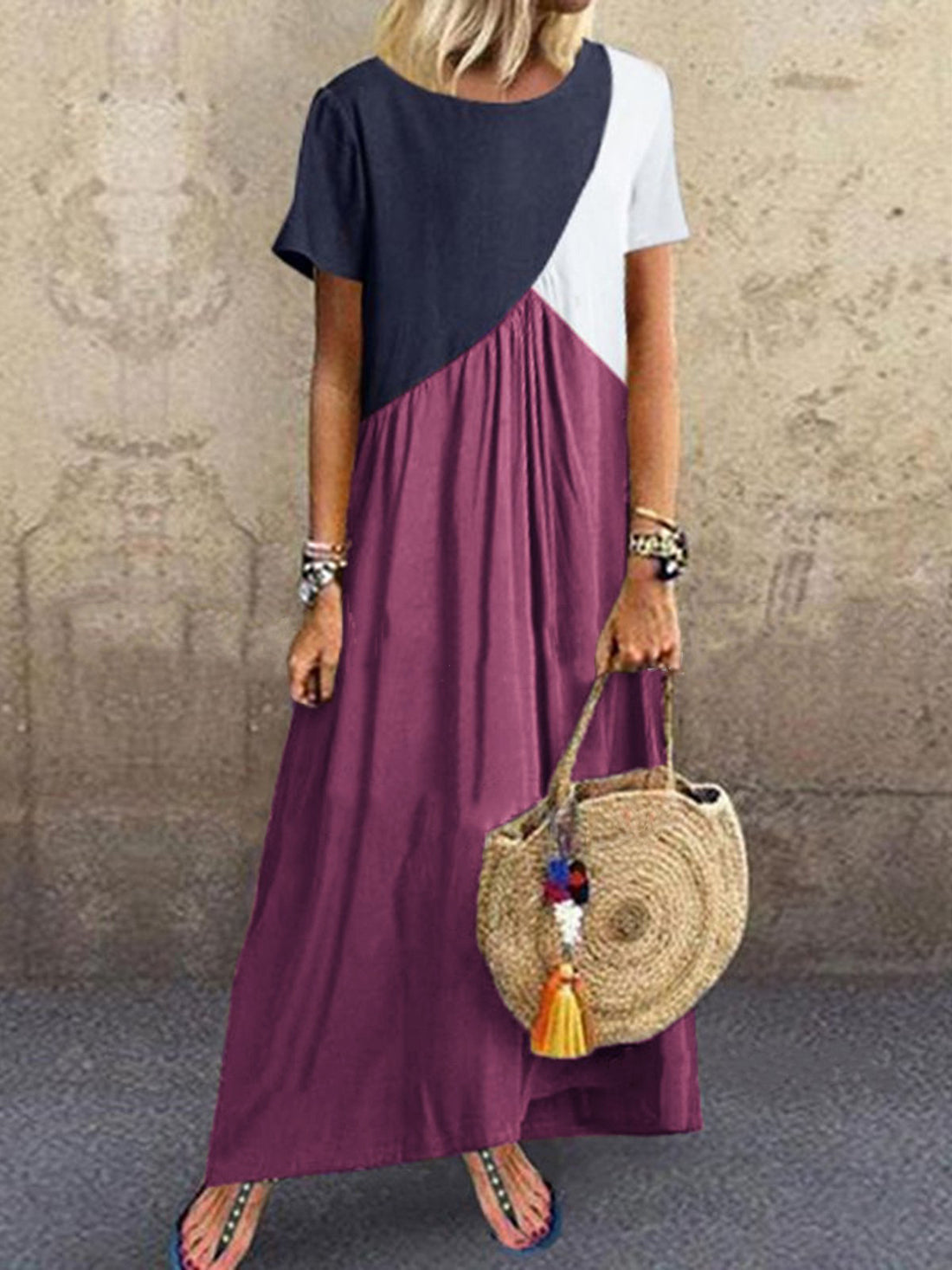 Stitched contrast irregular short-sleeved dress Limorista