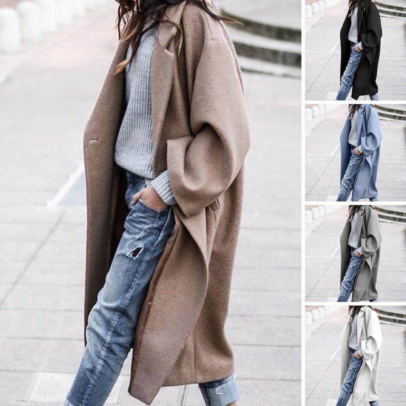 Casual Long Jacket With Pockets Solid Color Single Breasted Lapel Woolen Coat For Women Warm Winter Clothing Limorista