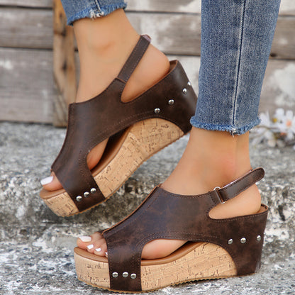 Ladies New Wedge Peep Toe Rivet Sandals Limorista