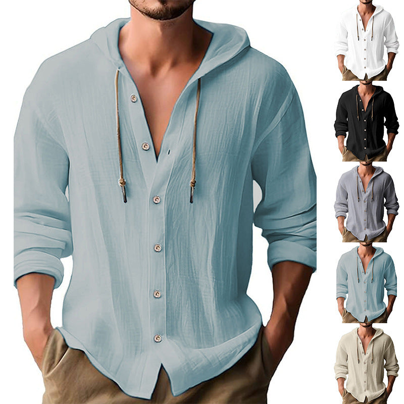 Cotton And Linen Shirt Hooded Sweater Button Long Sleeve Limorista