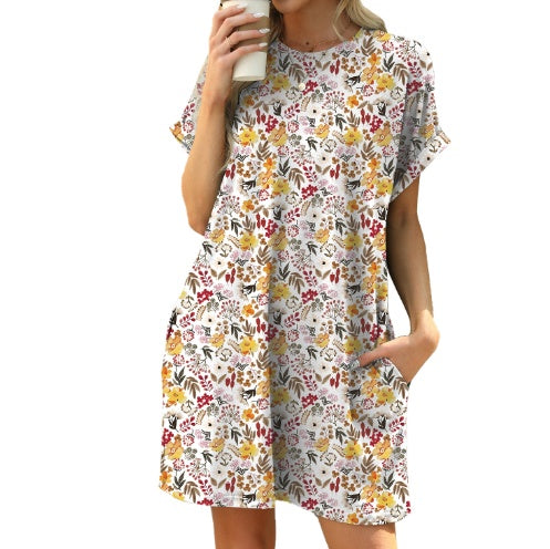 Loose Crew Neck Short Sleeve Printed Pocket Dress Limorista