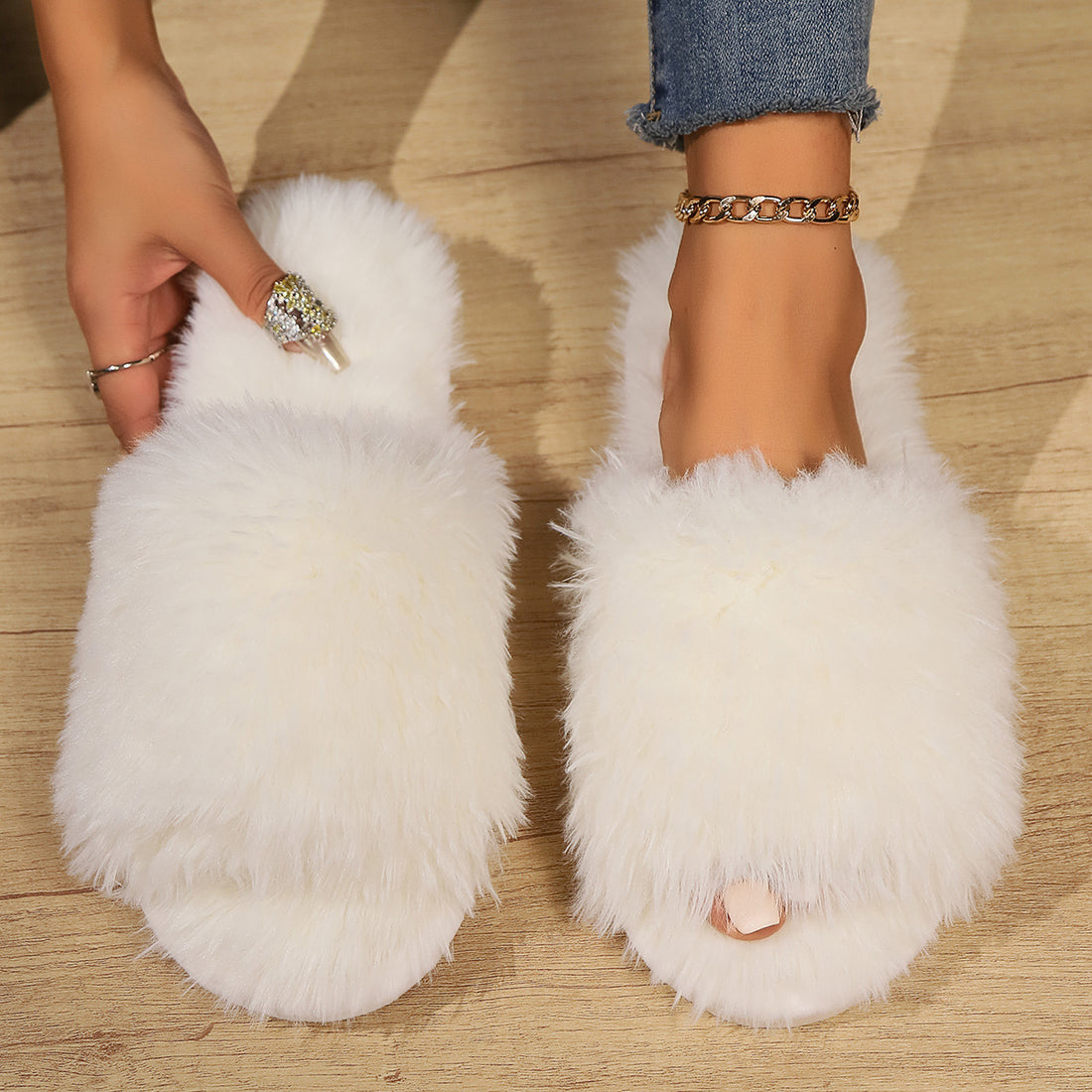 Fashion Open-toed Plush Slippers Winter Warm Indoor Bedroom Floor Soft Fluffy Slipper For Couple Solid Color House Shoes Women Limorista
