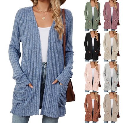 Solid Color Pocket Long Sleeve Bottoming Cardigan Knitwear Limorista