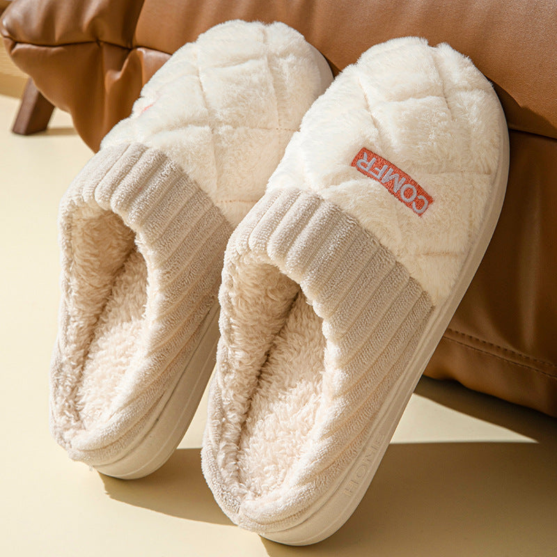 Solid Rhombic Letter Home Slippers Winter Warm Non-slip Floor Bedroom Plush Slipper For Couple House Shoes Women Men Limorista