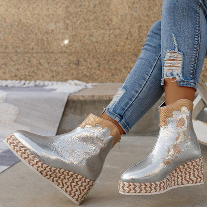 Autumn And Winter Thick Bottom Wedge Embroidered Retro Leisure Boots Limorista