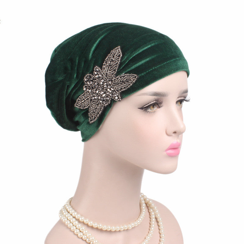 Beaded Flower Accessories Turban Hat Velvet Pleated Hood Limorista