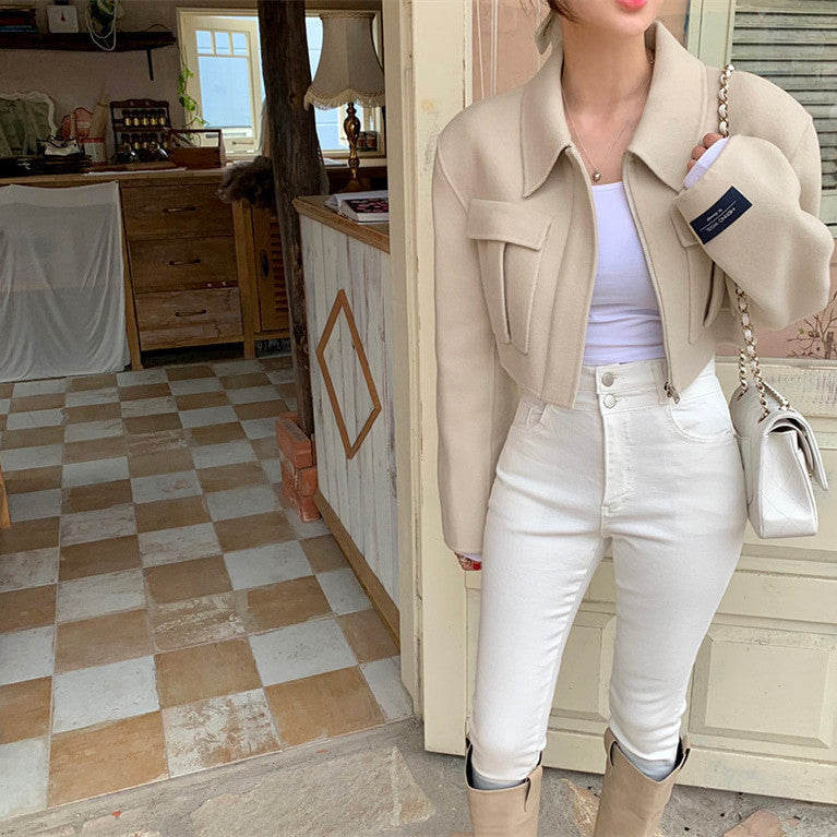 French Style Design Flap Pocket Zipper Short Woolen Coat Limorista