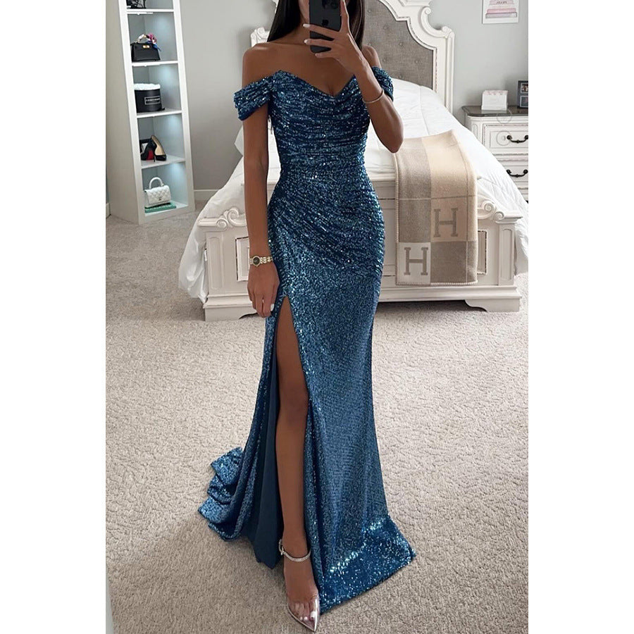 Party Sequins Off-neck Split Dress INS Casual Fashion Dress Women Limorista