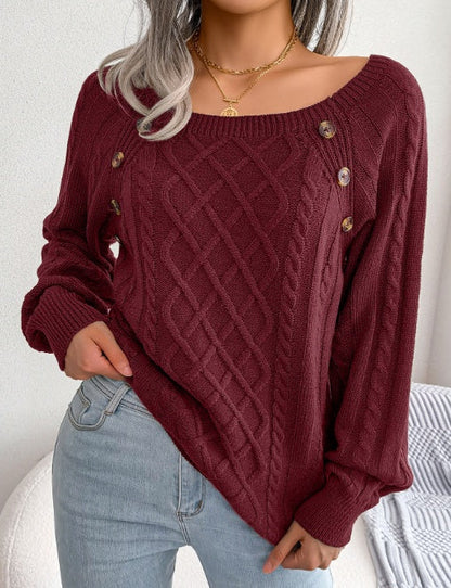Square Neck Knitted Sweater With Button Design Winter Warm Long Sleeve Tops Women&