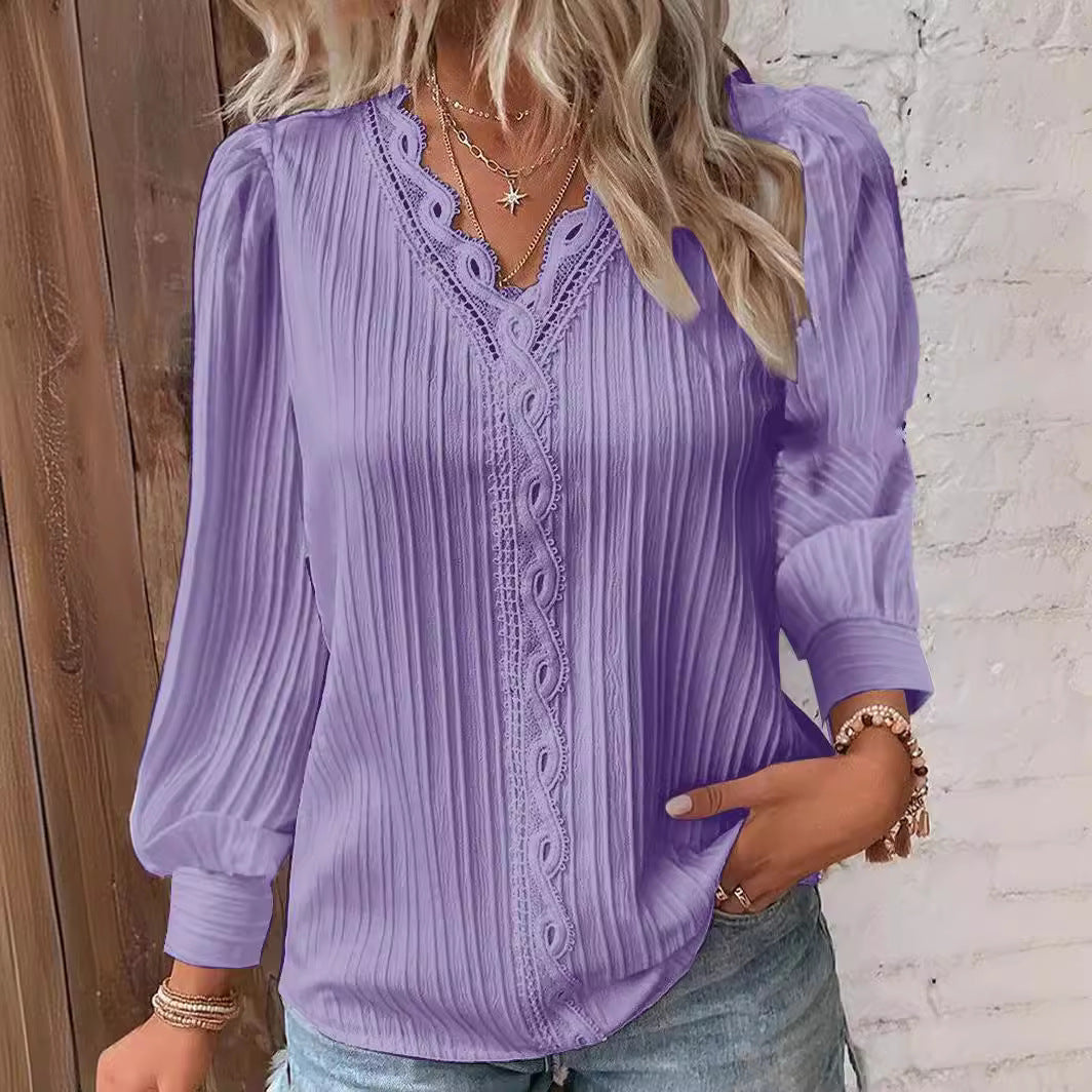 Long Sleeve V-neck Lace Patchwork Shirt Limorista