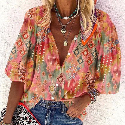 Fashion V-neck 3d Floral Printed Long-sleeved Top Limorista