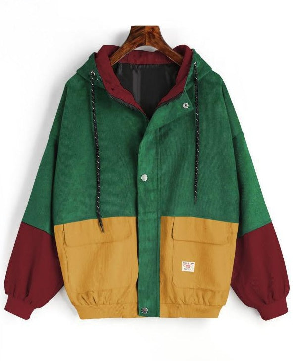 Korean version of college wind student BF loose color matching hooded baseball uniform corduroy tooling jacket female Limorista