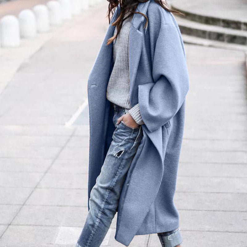 Casual Long Jacket With Pockets Solid Color Single Breasted Lapel Woolen Coat For Women Warm Winter Clothing Limorista