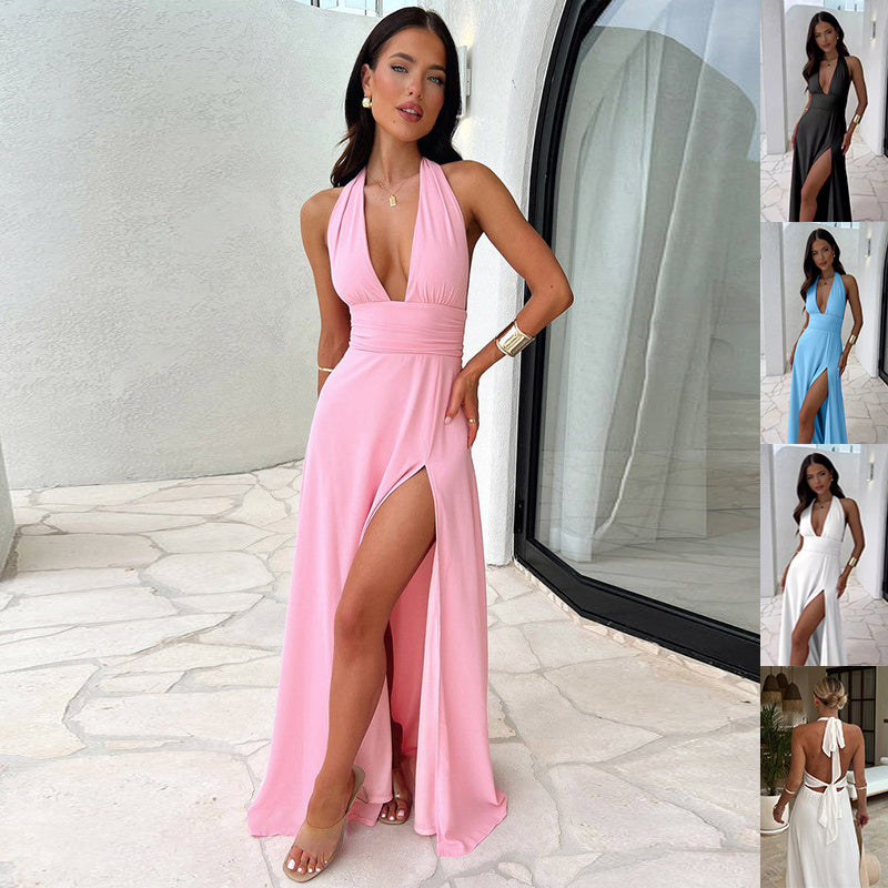 Sexy Halterneck V-neck Slit Dress Summer Backless Strappy Skirt Fashion Temperament Clothing Women Limorista