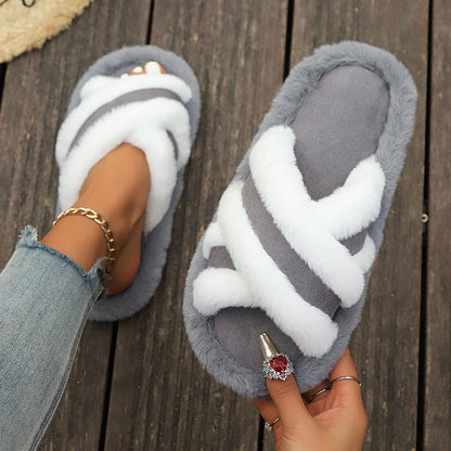 Fluffy Slippers Cross Strap Stitching Warm Casual Platform Slippers Limorista