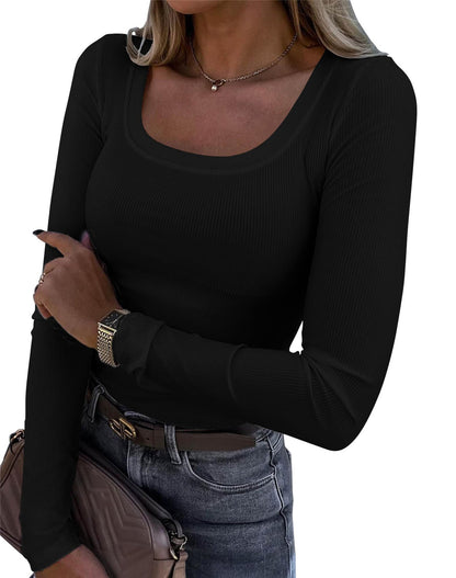 European And American Hot Thread Sunken Stripe Long Sleeve Square-neck T-shirt Limorista