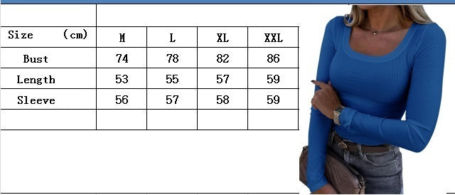 European And American Hot Thread Sunken Stripe Long Sleeve Square-neck T-shirt Limorista