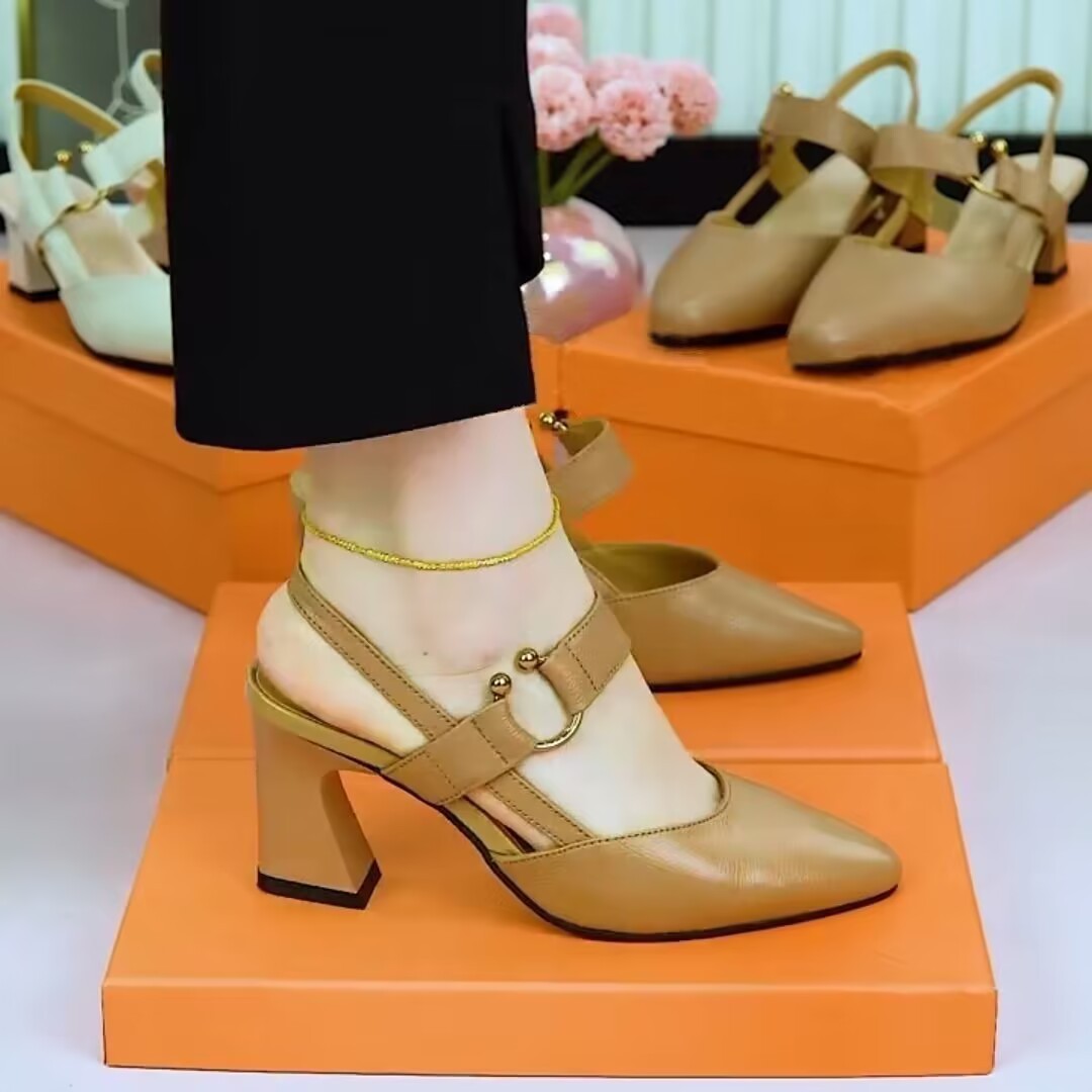 Closed Toe Back Empty Leather Chunky Heel Sandals Woman High-heeled Shoes Limorista