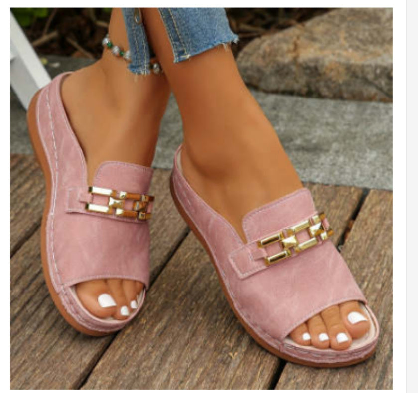 Plus Size Peep Toe Slippers With Metal Accessories Limorista